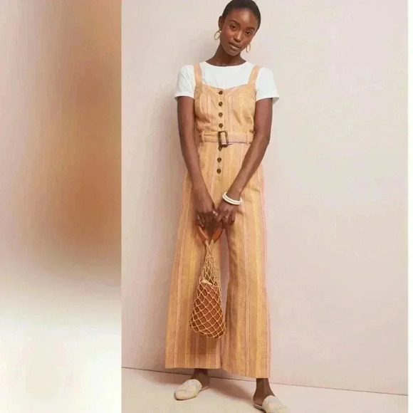 Anthropologie Arlene Linen Jumpsuit in Yellow Motif Size 8 - Picture 2 of 6